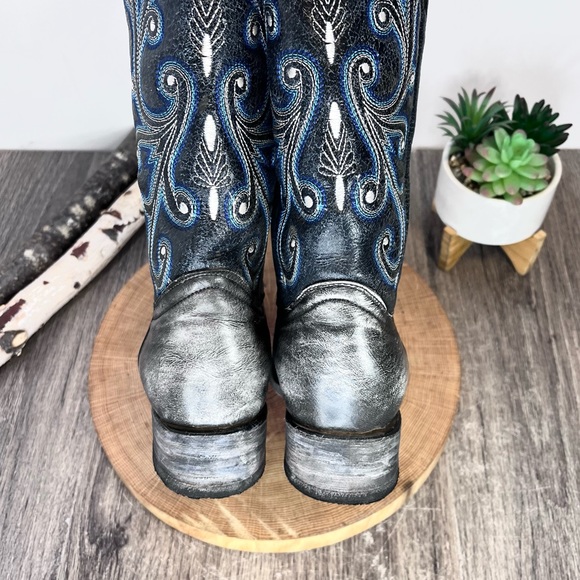 *Rockin Leather | Grey/Navy Western Distressed Leather Boots Size 6.5E - Picture 14 of 16
